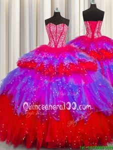 Fabulous Bling-bling Visible Boning Multi-color Lace Up Sweetheart Beading and Ruffles and Ruffled Layers and Sequins Sweet 16 Dress Tulle Sleeveless