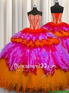 Pretty Bling-bling Visible Boning Sleeveless Beading and Ruffles and Ruffled Layers and Sequins Lace Up Quinceanera Gowns