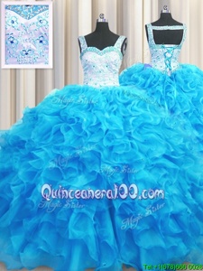 Fancy Ball Gowns Sweet 16 Dress Aqua Blue Straps Organza Sleeveless Floor Length Lace Up