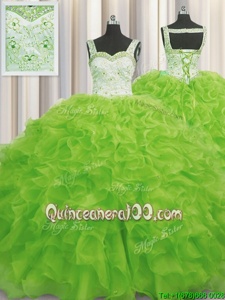 Excellent Floor Length Lace Up 15 Quinceanera Dress Yellow Green and In forMilitary Ball and Sweet 16 and Quinceanera withBeading and Ruffles