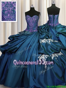 Custom Fit Sweetheart Sleeveless Quinceanera Gown Floor Length Beading and Appliques Teal Taffeta