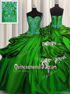 Unique Green Ball Gowns Sweetheart Sleeveless Taffeta Floor Length Lace Up Beading and Appliques Ball Gown Prom Dress