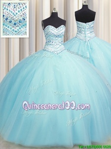 Most Popular Bling-bling Big Puffy Aqua Blue Sleeveless Floor Length Beading Lace Up 15th Birthday Dress