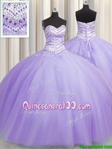 On Sale Bling-bling Puffy Skirt Sweetheart Sleeveless Ball Gown Prom Dress Floor Length Beading Lavender Tulle