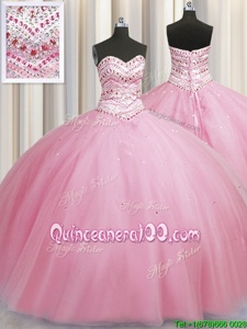 Exquisite Bling-bling Big Puffy Rose Pink 15th Birthday Dress Military Ball and Sweet 16 and Quinceanera and For withBeading Sweetheart Sleeveless Lace Up