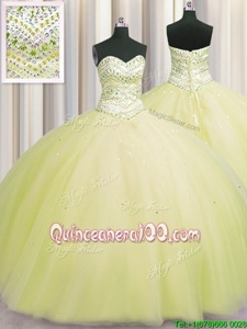 Superior Bling-bling Puffy Skirt Spring and Summer and Fall and Winter Tulle Sleeveless Floor Length Sweet 16 Dresses andBeading