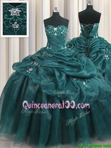 Sexy Teal Ball Gowns Beading and Appliques and Ruffles Quinceanera Dress Lace Up Organza Sleeveless Floor Length