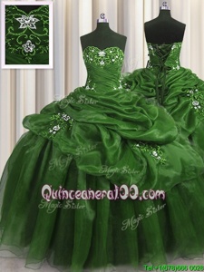 On Sale Green Organza Lace Up Ball Gown Prom Dress Sleeveless Floor Length Beading and Appliques and Pick Ups