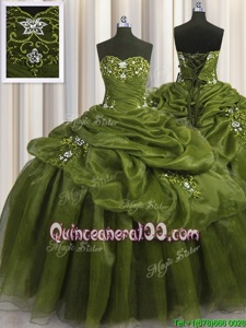 Luxury Olive Green Organza Lace Up Sweetheart Sleeveless Floor Length Ball Gown Prom Dress Beading and Appliques and Pick Ups