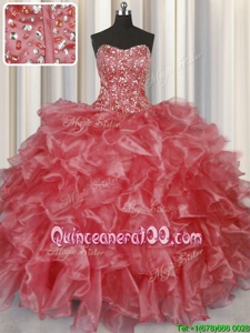 Glittering Visible Boning Beading and Ruffles Quinceanera Dresses Coral Red Lace Up Sleeveless Floor Length