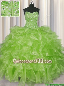 Colorful Visible Boning Sleeveless Organza Floor Length Lace Up Quinceanera Gowns inYellow Green forSpring and Summer and Fall and Winter withBeading and Ruffles