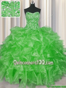 Visible Boning Spring Green Lace Up Sweet 16 Dresses Beading and Ruffles Sleeveless Floor Length