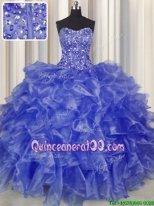 Super Visible Boning Blue Lace Up Strapless Beading and Ruffles 15th Birthday Dress Organza Sleeveless