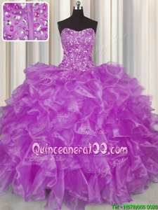 Simple Visible Boning Purple Organza Lace Up Strapless Sleeveless Floor Length Vestidos de Quinceanera Beading and Ruffles