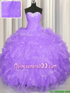 Sweetheart Sleeveless Sweet 16 Dress Floor Length Beading and Ruffles Lavender Organza