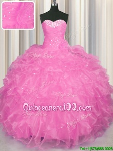 Traditional Rose Pink Lace Up Quinceanera Dresses Beading and Ruffles Sleeveless Floor Length