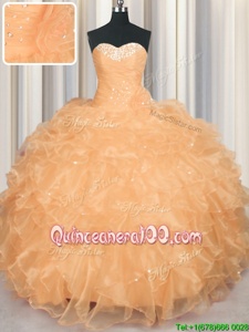 Custom Made Orange Sweetheart Lace Up Beading and Ruffles Quinceanera Dress Sleeveless