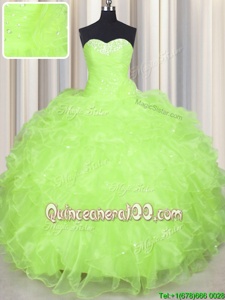 Fantastic Yellow Green Ball Gowns Organza Sweetheart Sleeveless Beading and Ruffles Floor Length Lace Up Quinceanera Dresses