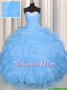 Pretty Baby Blue Sweetheart Neckline Beading and Ruffles Sweet 16 Dresses Sleeveless Lace Up