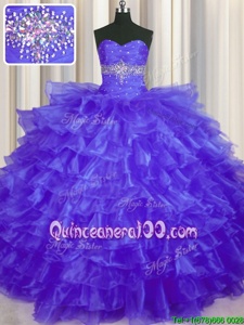 High End Floor Length Purple Vestidos de Quinceanera Organza Sleeveless Spring and Summer and Fall and Winter Beading and Ruffled Layers