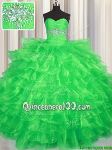 New Style Green Lace Up Sweetheart Beading and Ruffled Layers Quinceanera Gown Organza Sleeveless