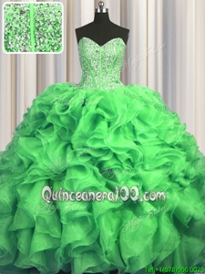 Stunning Visible Boning Bling-bling Beading and Ruffles 15 Quinceanera Dress Spring Green Lace Up Sleeveless With Train Sweep Train