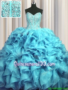 Sexy Visible Boning Bling-bling Aqua Blue Organza Lace Up Sweetheart Sleeveless With Train Quinceanera Gowns Brush Train Beading and Ruffles