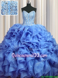Latest Visible Boning Bling-bling Sweetheart Sleeveless Brush Train Lace Up Quinceanera Gown Baby Blue Organza