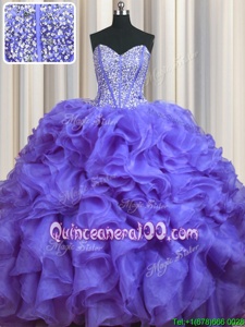 Nice Bling-bling Sweetheart Sleeveless Brush Train Lace Up Ball Gown Prom Dress Lavender Organza