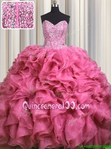 Visible Boning Bling-bling With Train Ball Gowns Sleeveless Rose Pink Ball Gown Prom Dress Brush Train Lace Up