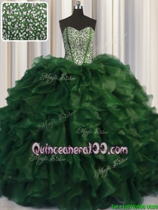 Edgy Visible Boning Bling-bling Green Lace Up Quinceanera Gowns Beading Sleeveless With Brush Train