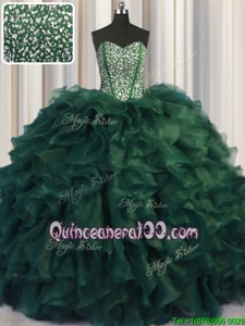 Colorful Bling-bling Dark Green Sleeveless Organza Brush Train Lace Up Quince Ball Gowns forMilitary Ball and Sweet 16 and Quinceanera