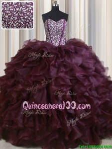 Clearance Visible Boning Brush Train Burgundy Sweetheart Neckline Beading and Ruffles Quinceanera Dress Sleeveless Lace Up