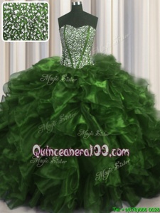 Designer Visible Boning With Train Lace Up Ball Gown Prom Dress Olive Green and In forMilitary Ball and Sweet 16 and Quinceanera withBeading and Ruffles Brush Train