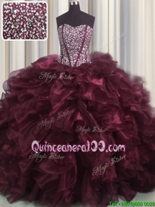 Pretty Visible Boning Bling-bling With Train Ball Gowns Sleeveless Burgundy Quinceanera Dresses Brush Train Lace Up