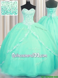 Shining Sweetheart Sleeveless Brush Train Lace Up Quince Ball Gowns Turquoise Organza