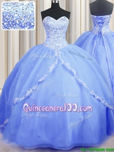 Baby Blue Organza Lace Up Sweetheart Sleeveless With Train Quinceanera Gowns Brush Train Beading and Appliques