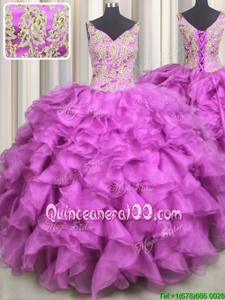 Deluxe V Neck Sleeveless Beading and Ruffles Lace Up Quinceanera Dress