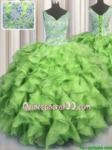 Fashion V Neck Spring Green Lace Up V-neck Beading and Ruffles Sweet 16 Dress Organza Sleeveless