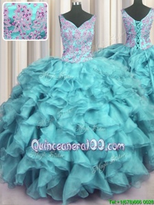 Fabulous Ruffled V Neck Floor Length Aqua Blue Ball Gown Prom Dress V-neck Sleeveless Lace Up