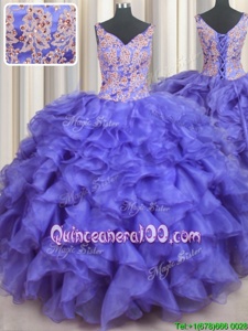 Dazzling V Neck Sleeveless Floor Length Appliques and Ruffles Lace Up Quince Ball Gowns with Lavender