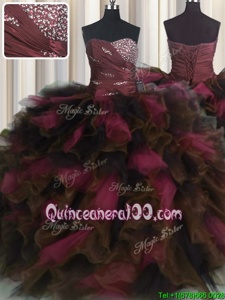 Glittering Floor Length Lace Up Quinceanera Dresses Wine Red and In forMilitary Ball and Sweet 16 and Quinceanera withBeading and Ruffles and Ruffled Layers