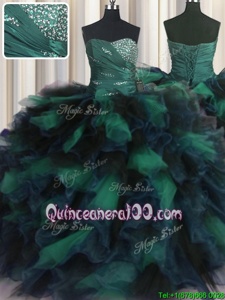 Sumptuous Beading and Ruffles 15th Birthday Dress Multi-color Lace Up Sleeveless Floor Length