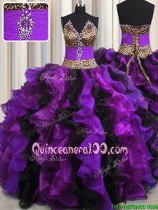 Free and Easy Leopard V Neck Multi-color Organza Lace Up Quince Ball Gowns Sleeveless Floor Length Beading and Ruffles