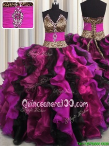 Leopard V Neck Multi-color Ball Gowns Beading and Ruffles Vestidos de Quinceanera Lace Up Organza Sleeveless Floor Length