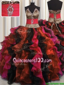 Suitable Leopard V Neck Floor Length Multi-color Sweet 16 Dresses V-neck Sleeveless Lace Up