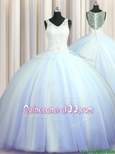 Fashion See Through Zipper Up With Train Baby Blue Quince Ball Gowns Tulle Brush Train Sleeveless Spring and Summer and Fall and Winter Beading and Appliques