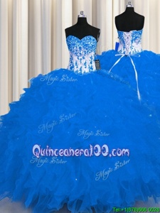 Beauteous Appliques and Ruffles 15th Birthday Dress Royal Blue Lace Up Sleeveless Floor Length