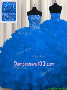Cheap Royal Blue Lace Up Strapless Beading and Ruffles 15 Quinceanera Dress Organza Sleeveless Sweep Train