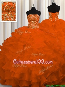 Perfect Rust Red Ball Gowns Organza Strapless Sleeveless Beading and Ruffles Lace Up Quince Ball Gowns Sweep Train